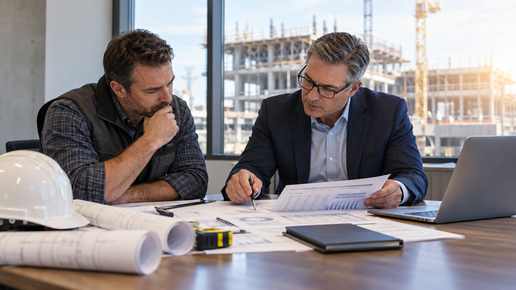 Contractor and surety advisor reviewing contractor financials and construction documents