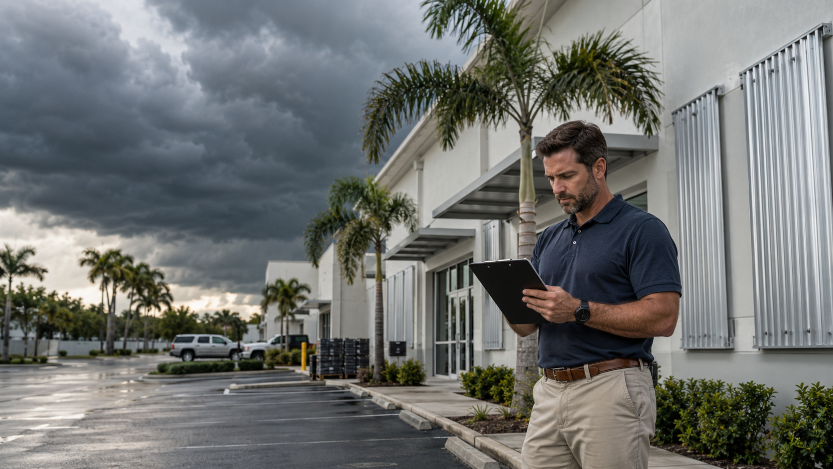 Florida business owner reviewing commercial property before hurricane season