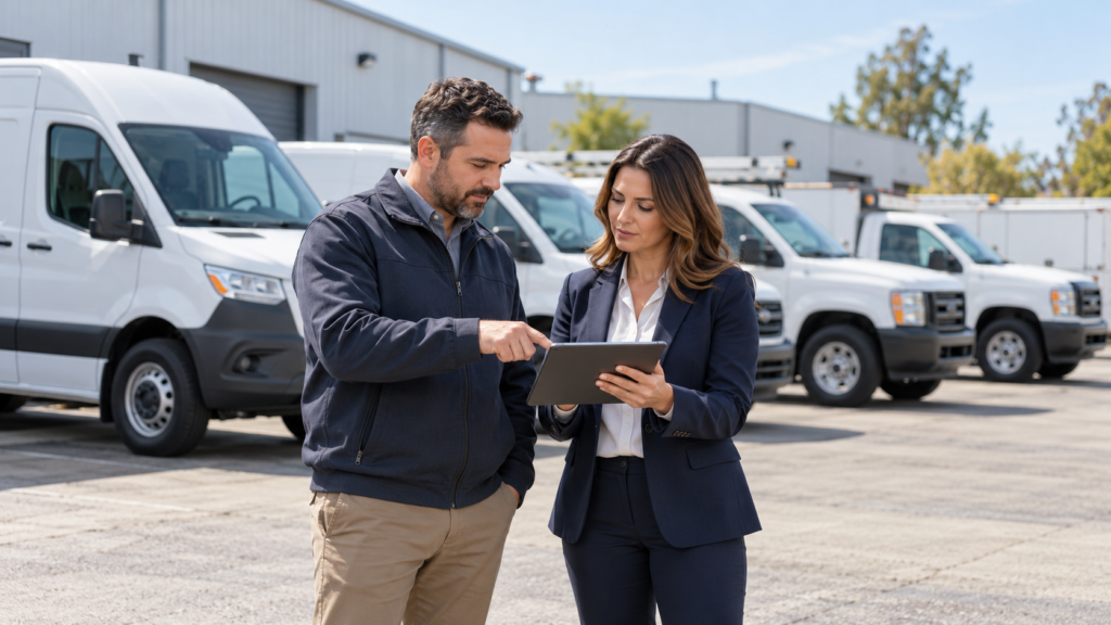 Two business professionals reviewing a tablet in a vehicle yard with commercial vans and trucks