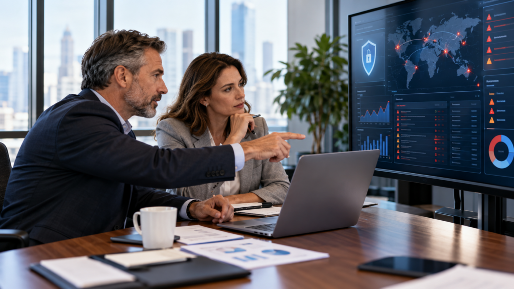 Business professionals reviewing cybersecurity risks and cyber insurance coverage at a computer